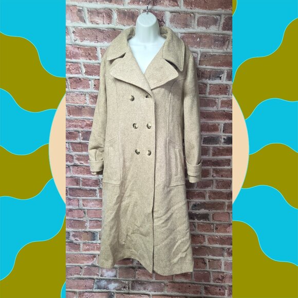 Montgomery Ward Overcoat 46R | Vintage Double Breasted Classic Khaki - Picture 1 of 9